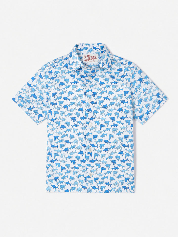 Chemise garçon à imprimé all-over de requins bleu clair 