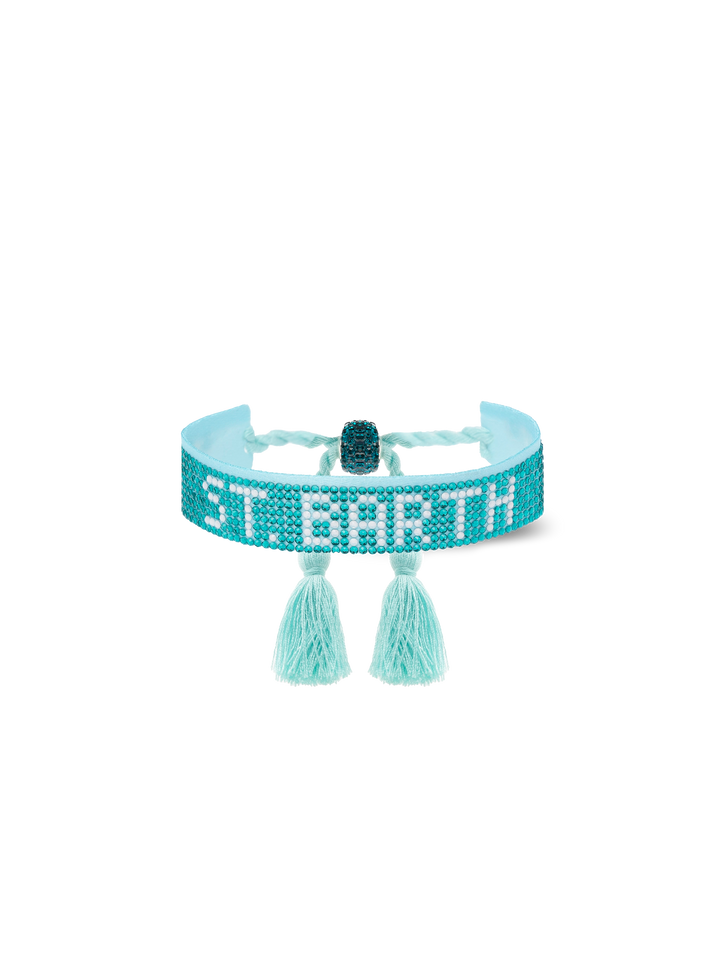 Braccialetto con strass verde acqua con scritta Saint Barth