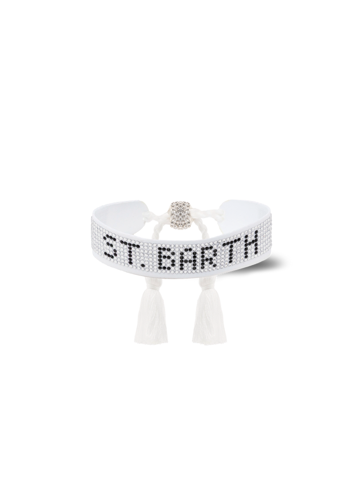 Braccialetto con strass bianchi con scritta Saint Barth