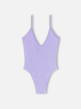 Lilafarbener Crinkle-Einteiler-Badeanzug für Damen Susanne