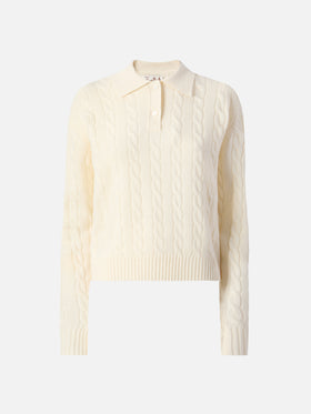 Savoy soft-touch cable-knit merino wool polo sweater in white