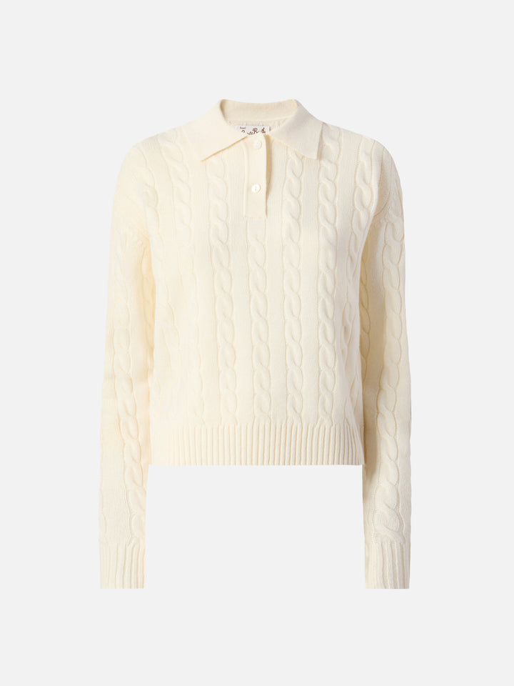 Savoy soft-touch cable-knit merino wool polo sweater in white