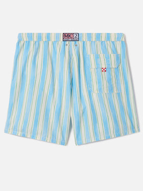 Syros swim shorts with light blue striped pattern and logo embroidery