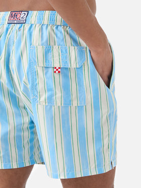 Syros swim shorts with light blue striped pattern and logo embroidery