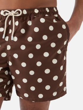 Syros swim shorts in brown with polka dot embroidery