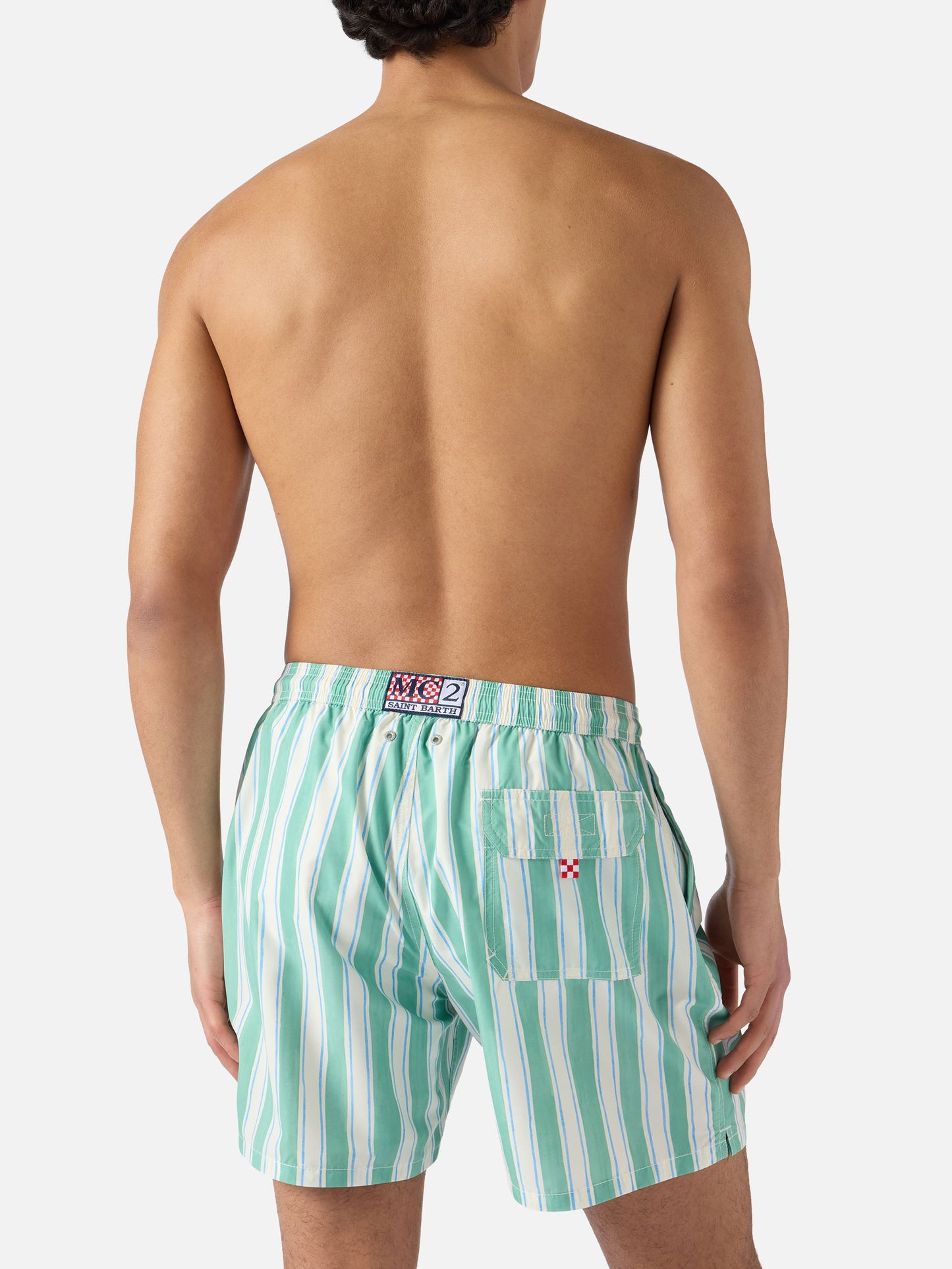 Syros swim shorts with green striped pattern and logo embroidery