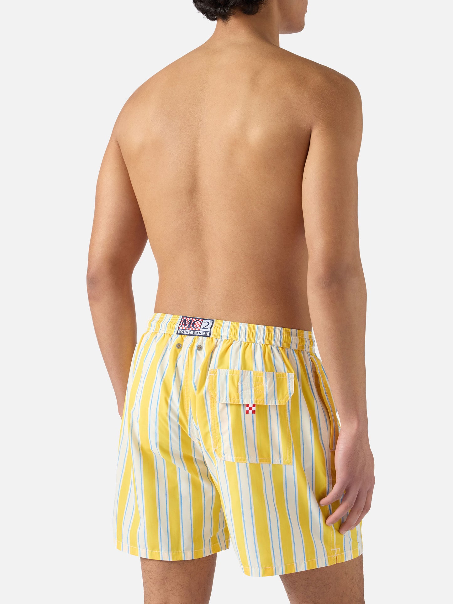 Syros swim shorts with yellow striped pattern and logo embroidery