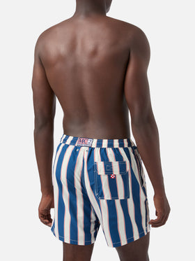 Syros swim shorts with blue striped pattern and logo embroidery