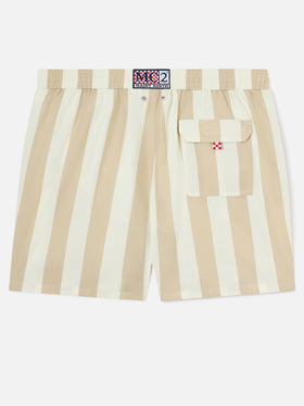 Bañador corto Syros con estampado de rayas blancas y beige 