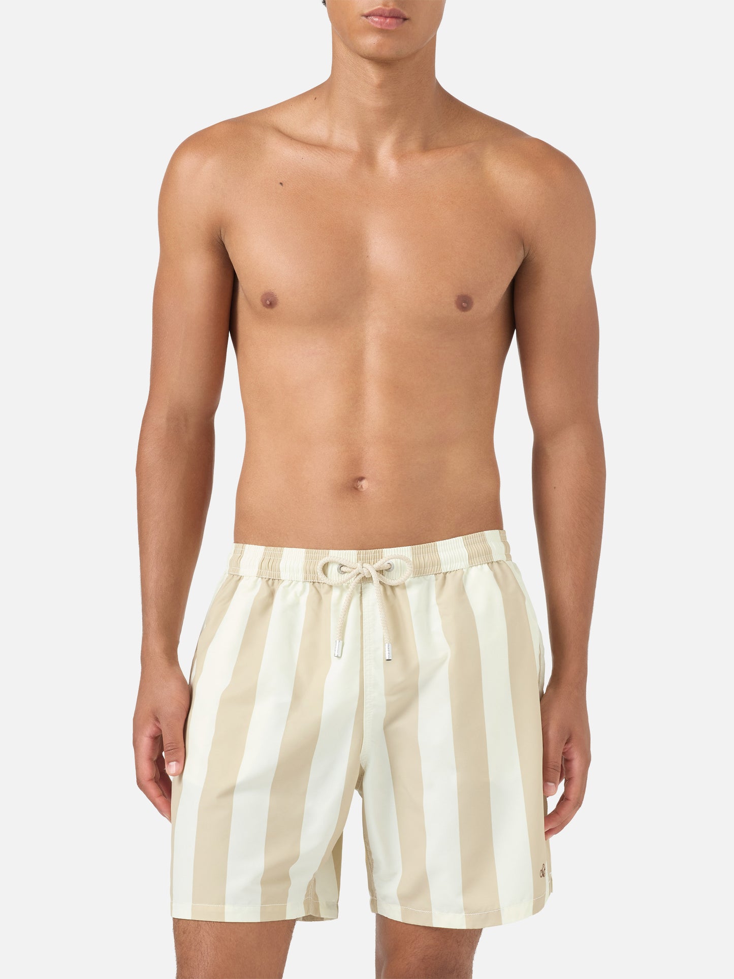 Syros swim shorts with white and beige striped print