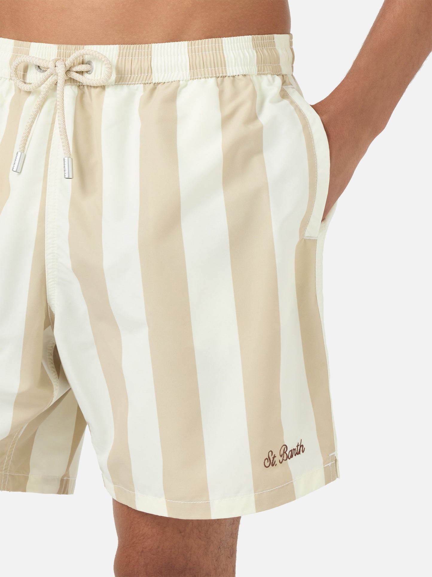 Syros swim shorts with white and beige striped print