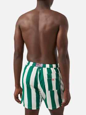Syros swim shorts with white and British green striped print