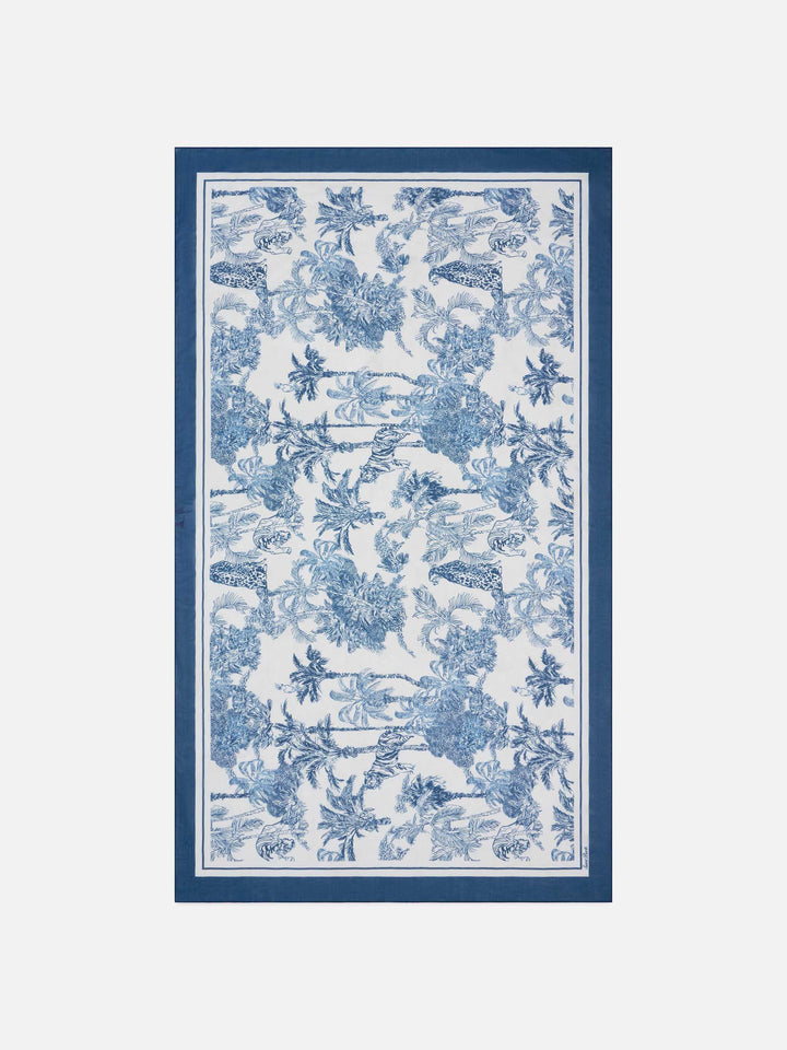 Langer Thaiti-Pareo aus Seidenmischung mit blauem Toile-de-Jouy-Print 