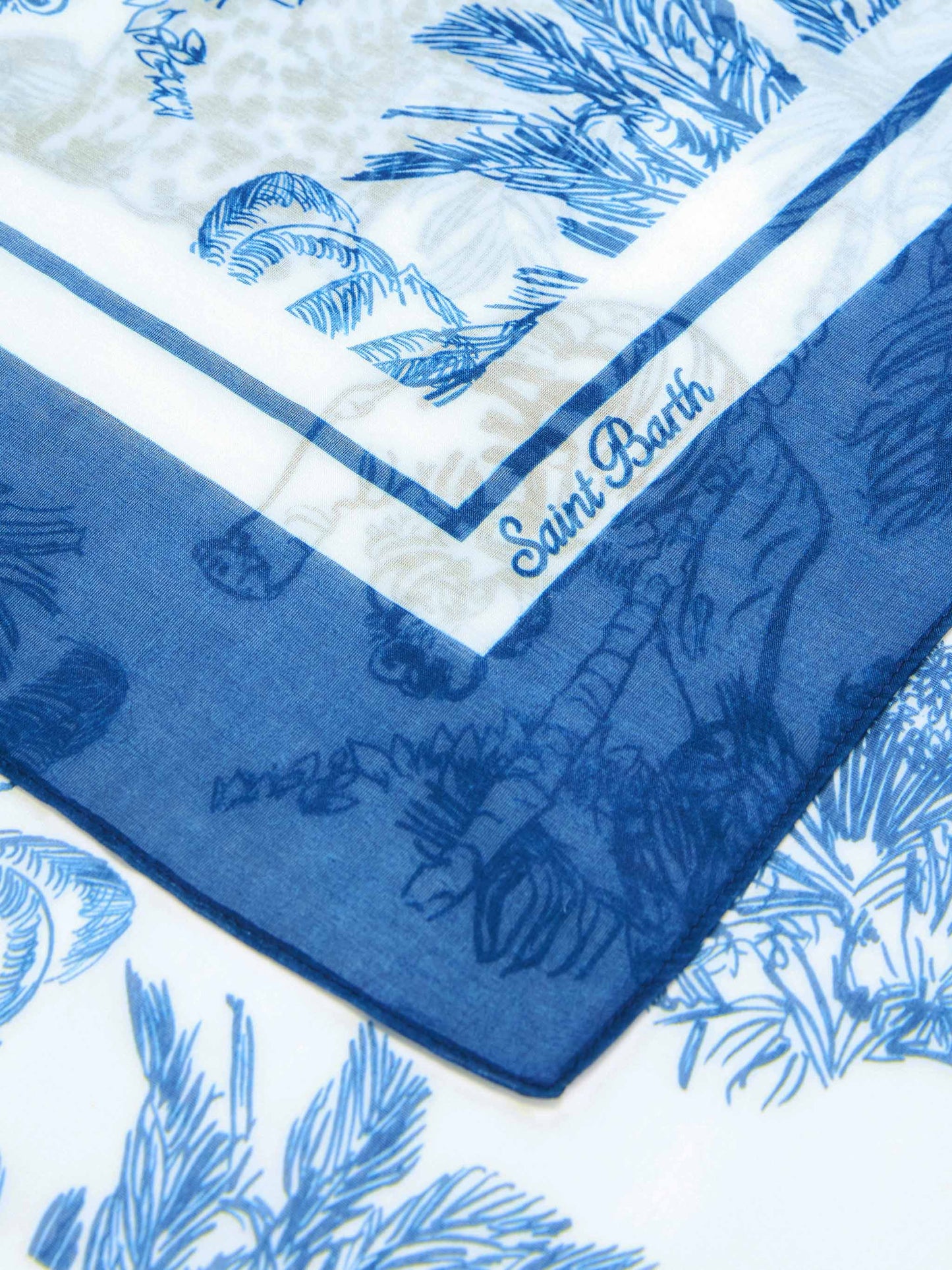 Langer Thaiti-Pareo aus Seidenmischung mit blauem Toile-de-Jouy-Print 