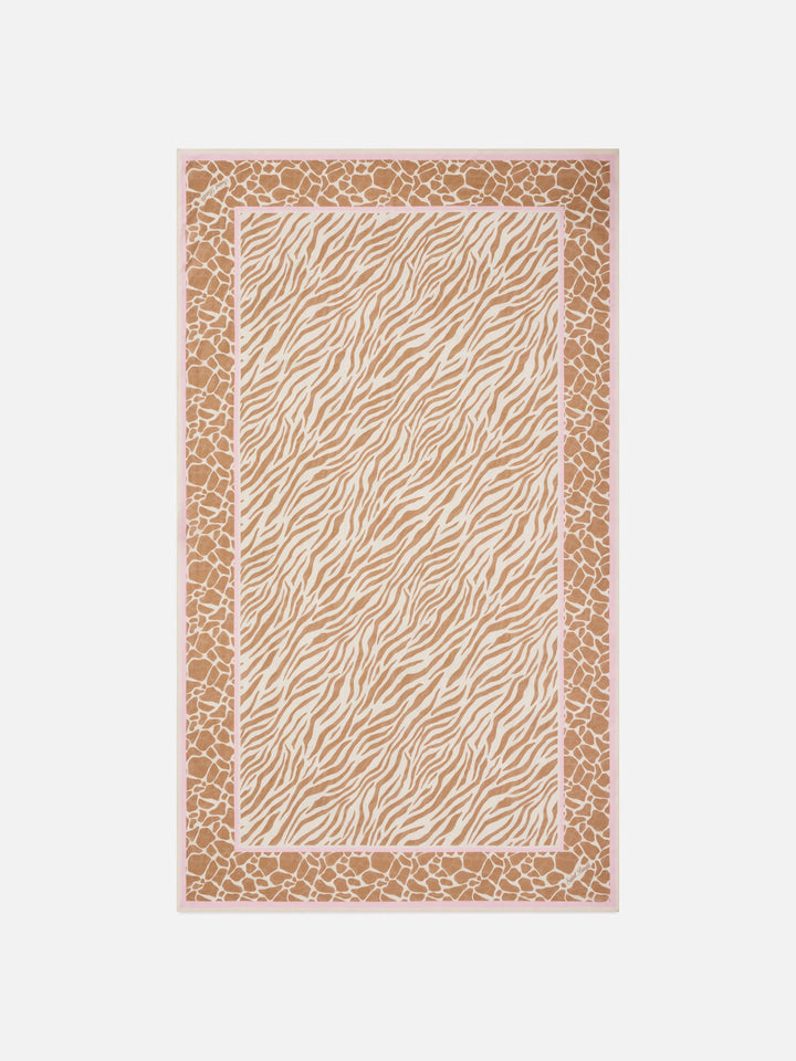 Thaiti long pareo in silk blend with brown zebra animal print