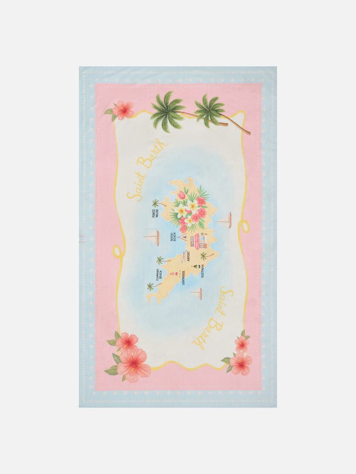 Langer Thaiti-Pareo aus Seidenmischung mit St. Barth-Kartenprint 