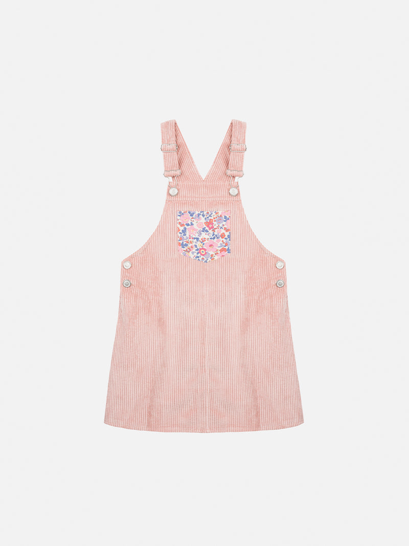 Girl pink corduroy overall Tecla with flower panel