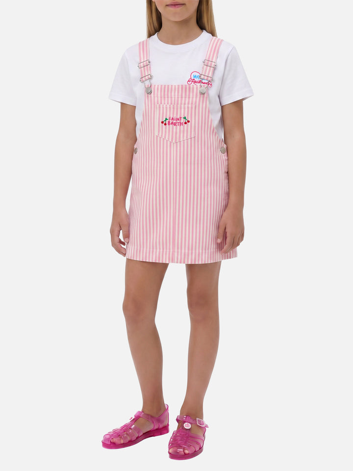 Vestito salopette Tecla Jr in denim a righe rosa con ricamo