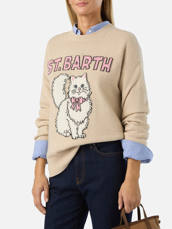 Beige Tessa wool and cashmere blend crewneck knit with kitten intarsia