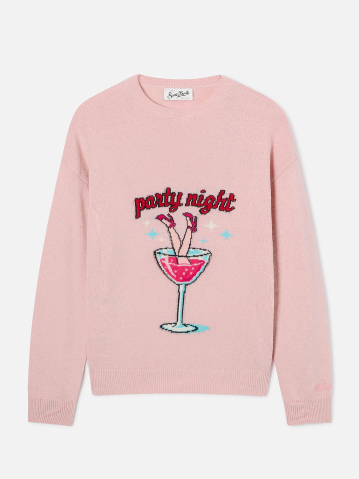 Maglia girocollo Tessa rosa in misto lana e cashmere con ricamo Party Night