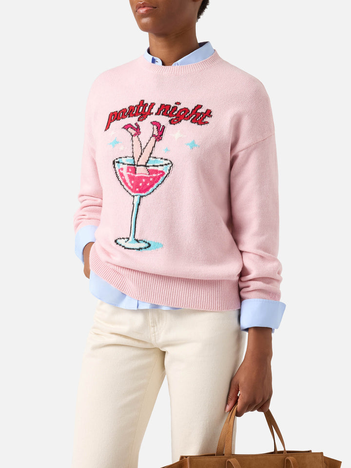 Maglia girocollo Tessa rosa in misto lana e cashmere con ricamo Party Night