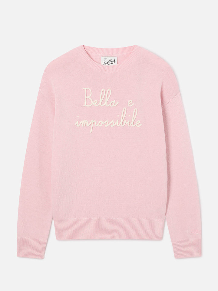 Maglia girocollo Tessa rosa in misto lana e cashmere con ricamo Bella E Impossibile
