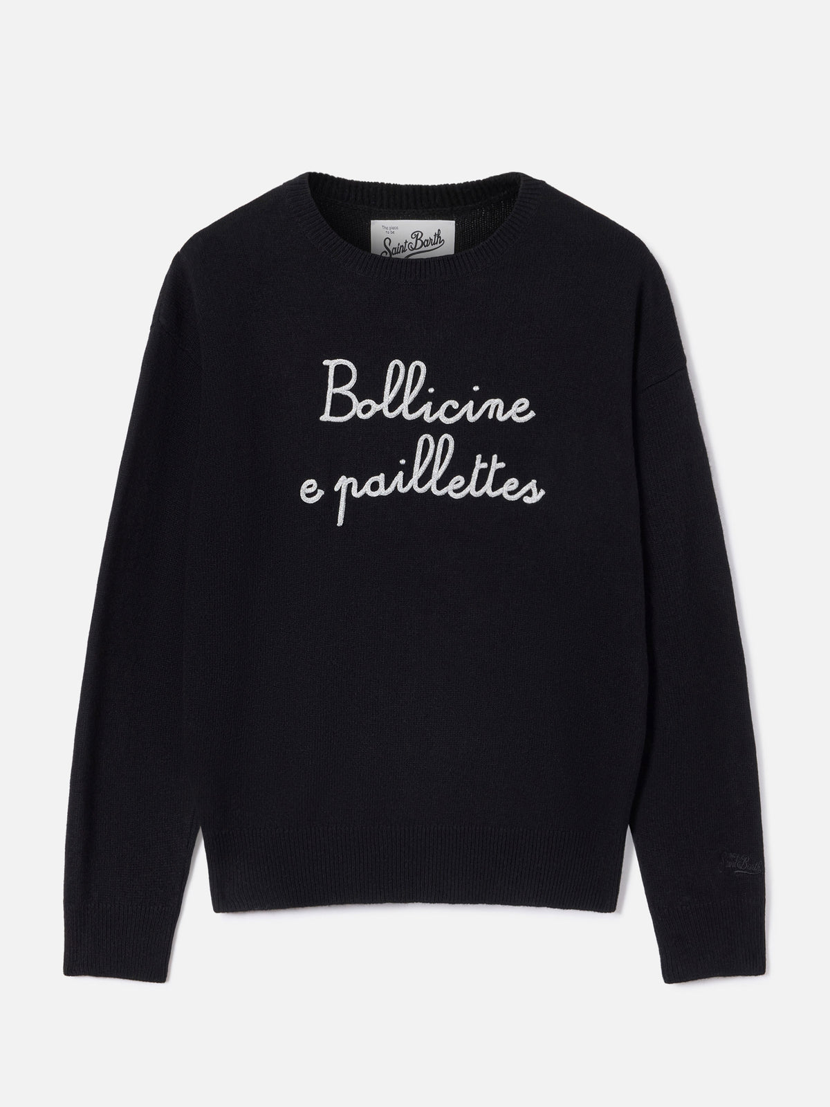 Black Tessa wool and cashmere blend crewneck knit with Bollicine E Paillettes embroidery