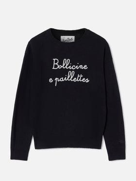 Black Tessa wool and cashmere blend crewneck knit with Bollicine E Paillettes embroidery
