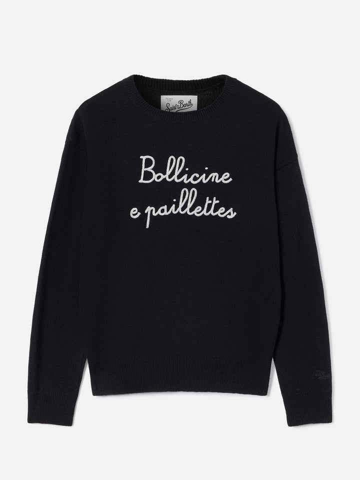 Maglia girocollo Tessa nera in misto lana e cashmere con ricamo Bollicine E Paillettes