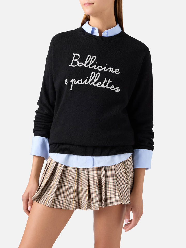 Maglia girocollo Tessa nera in misto lana e cashmere con ricamo Bollicine E Paillettes