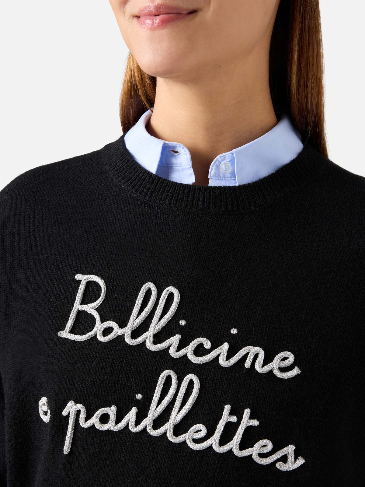 Maglia girocollo Tessa nera in misto lana e cashmere con ricamo Bollicine E Paillettes