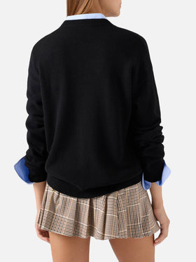 Maglia girocollo Tessa nera in misto lana e cashmere con ricamo Bollicine E Paillettes