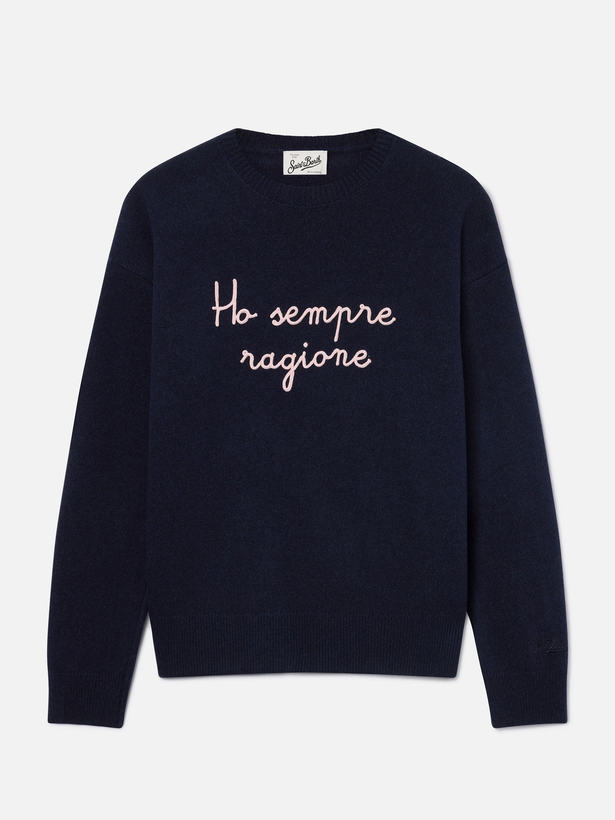 Pull col rond en maille Tessa bleu marine blue en mélange de laine et cachemire avec broderie Ho Sempre Ragione 