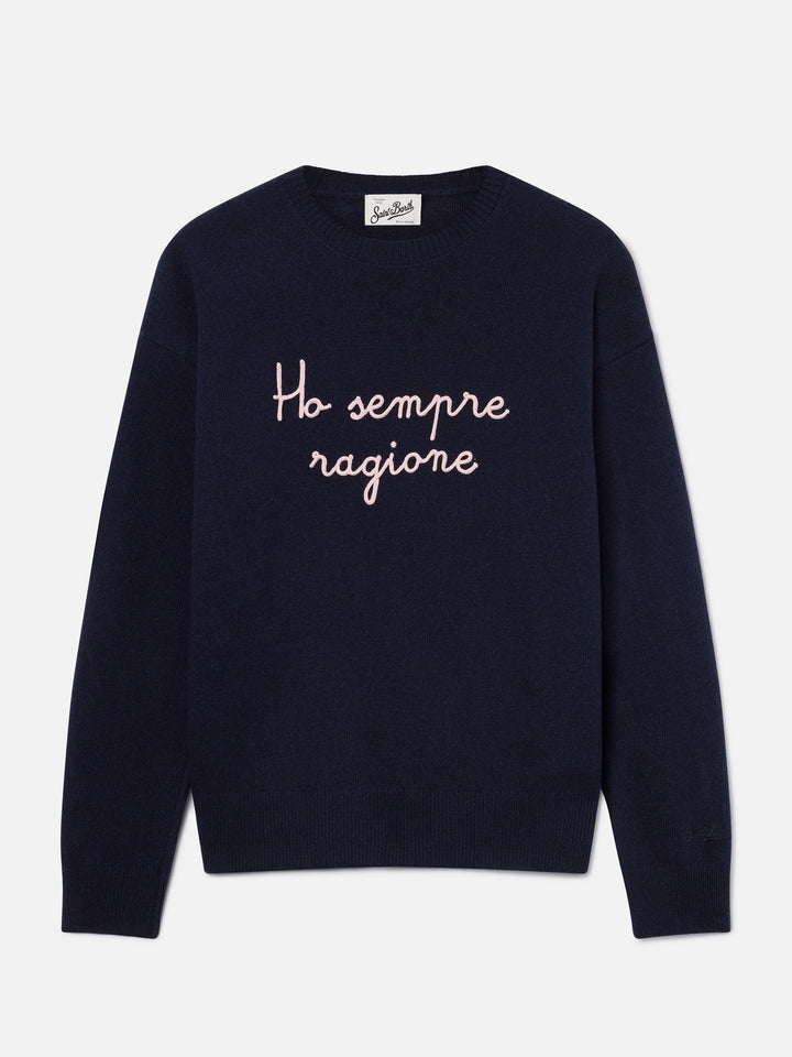 Pull col rond en maille Tessa bleu marine blue en mélange de laine et cachemire avec broderie Ho Sempre Ragione 