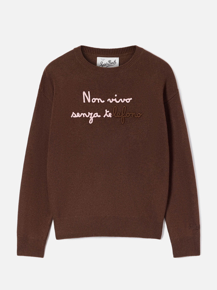Brown Tessa wool and cashmere blend crewneck knit with Non Vivo Senza Te embroidery