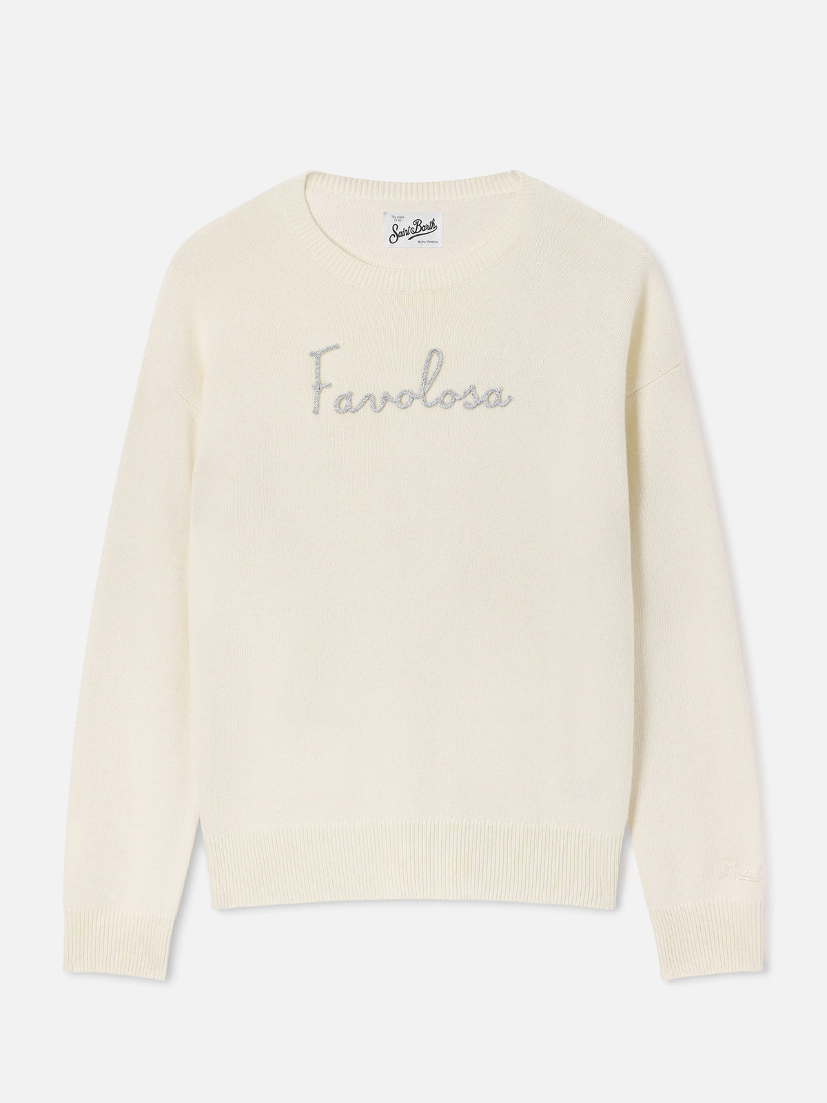Pull col rond Tessa en mélange de laine et cachemire off white avec broderie Favolosa 