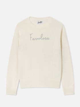 Pull col rond Tessa en mélange de laine et cachemire off white avec broderie Favolosa 