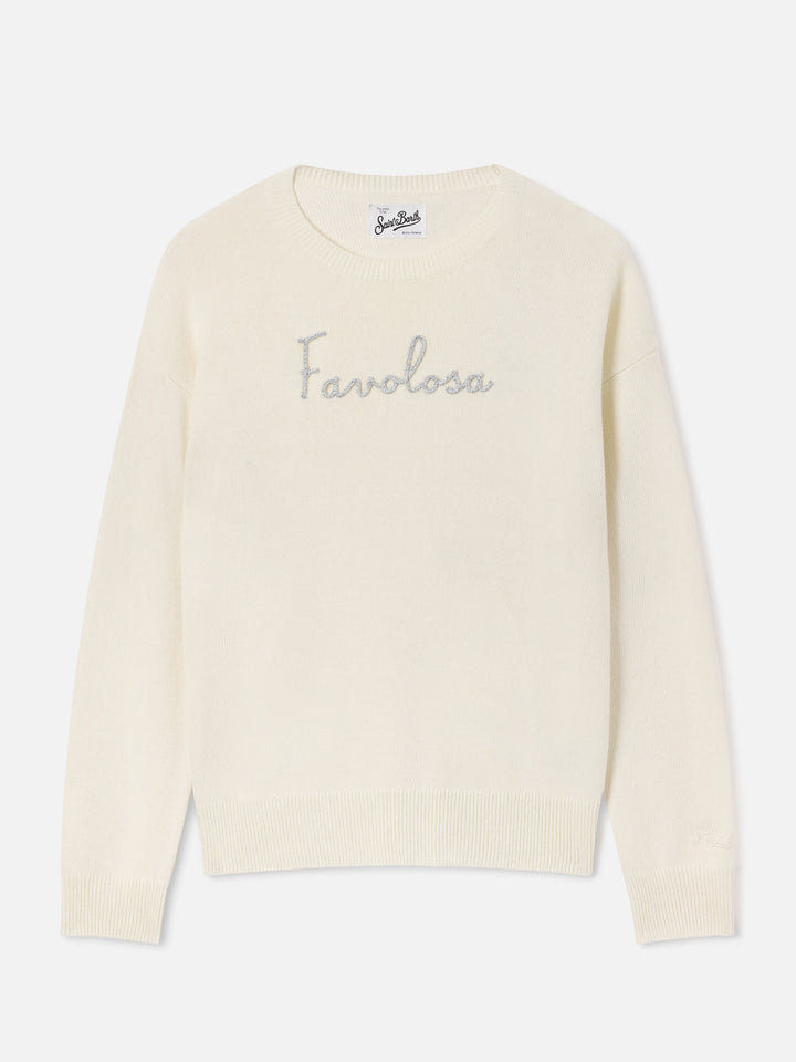 Off white Tessa wool and cashmere blend crewneck knit with Favolosa embroidery