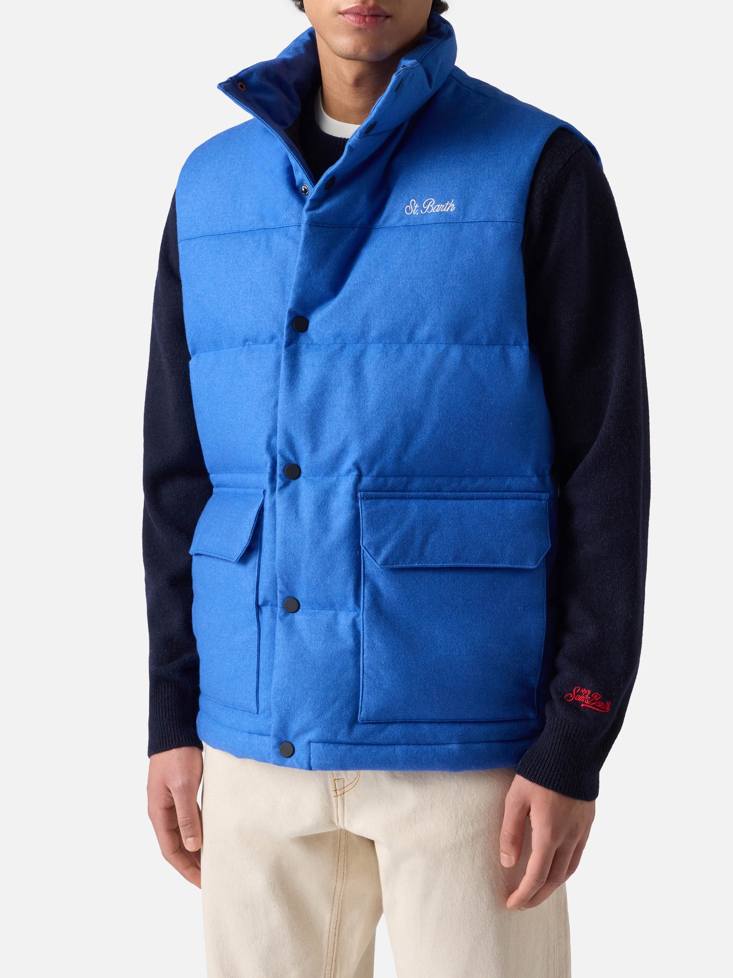 Gilet da uomo imbottito in piuma di lana bluette con tasche