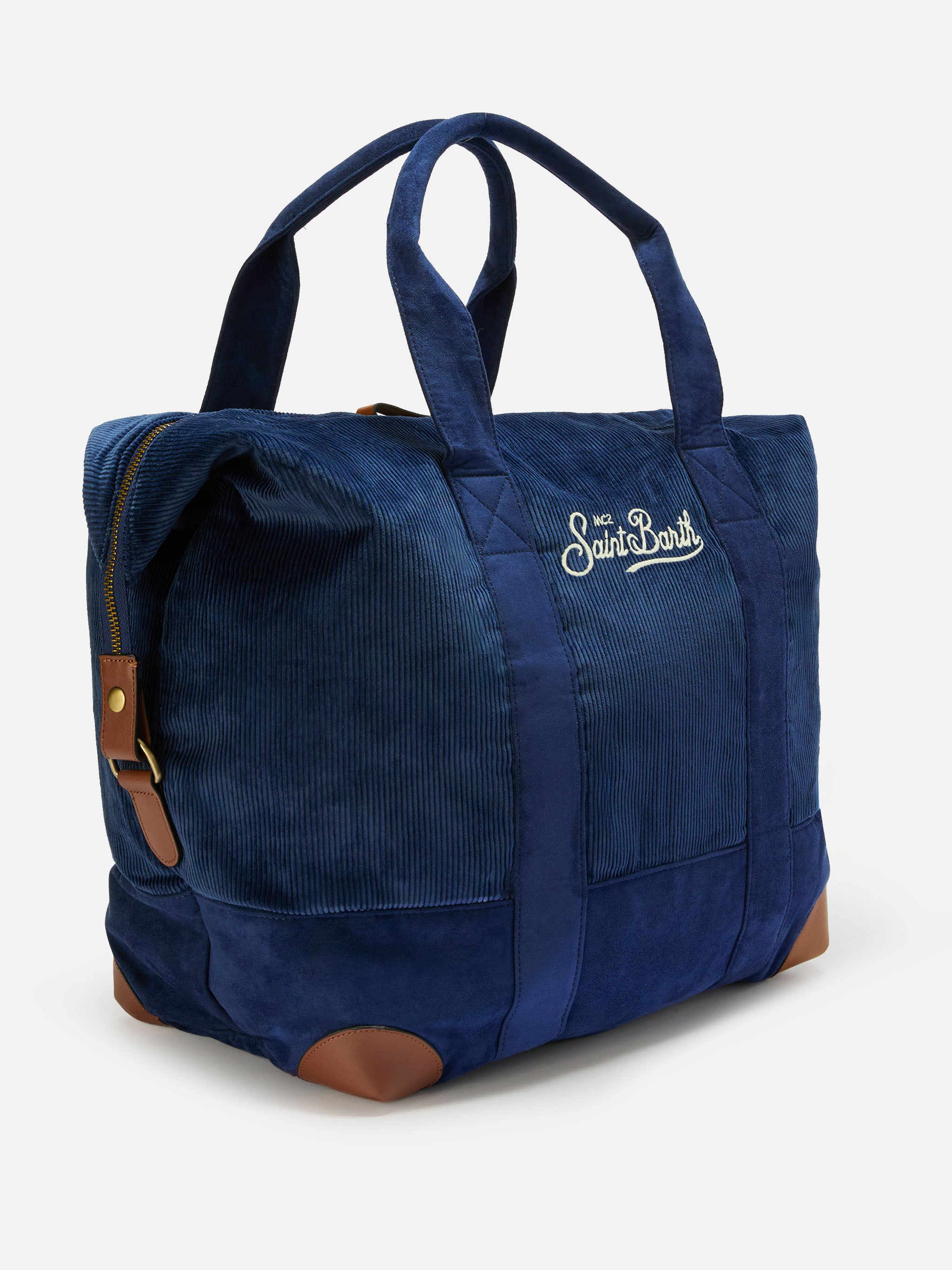 Travel Bag Corduroy Duffel in blue corduroy velvet and suede – MC2
