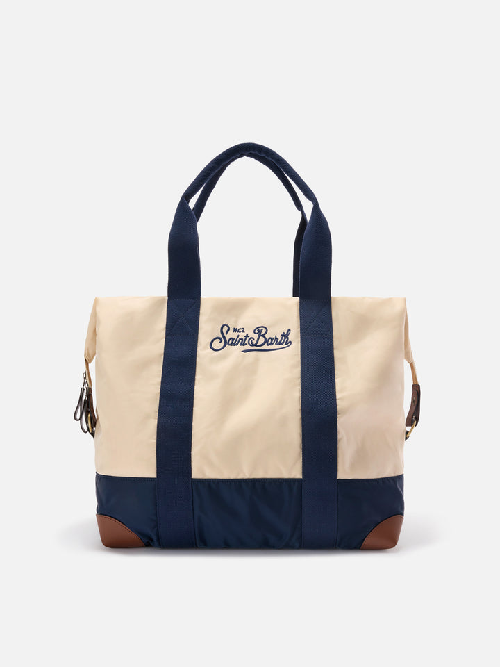 Borsone Travel Bag in nylon panna e blu con logo ricamato