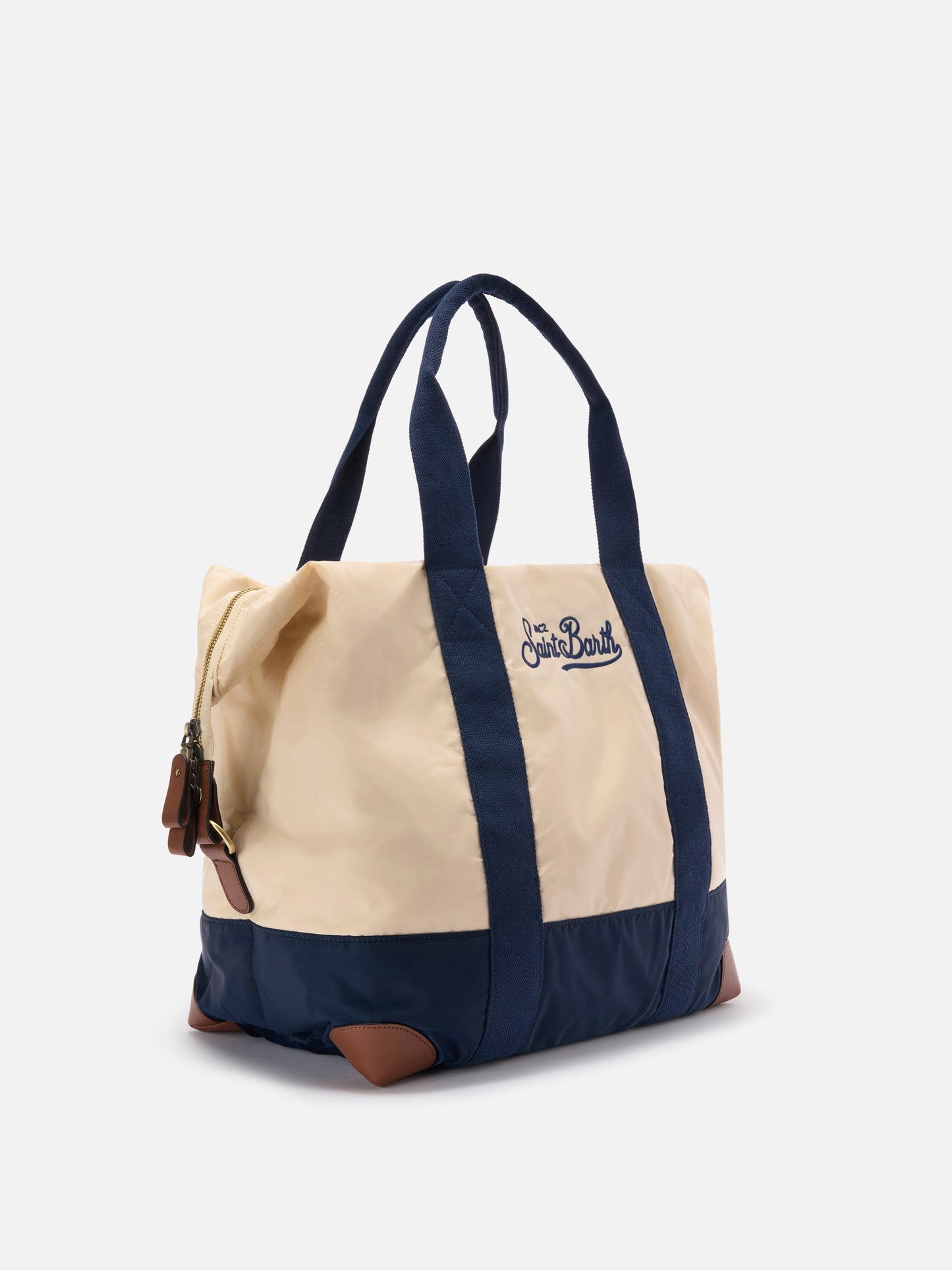 Borsone Travel Bag in nylon panna e blu con logo ricamato
