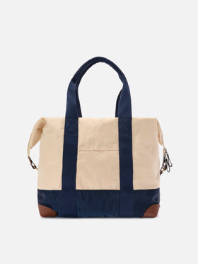 Borsone Travel Bag in nylon panna e blu con logo ricamato