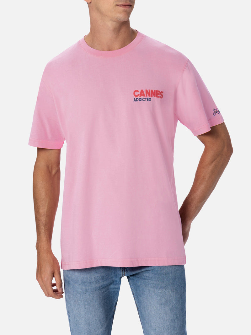 Man cotton t-shirt with Cannes Addicted postcard placed print