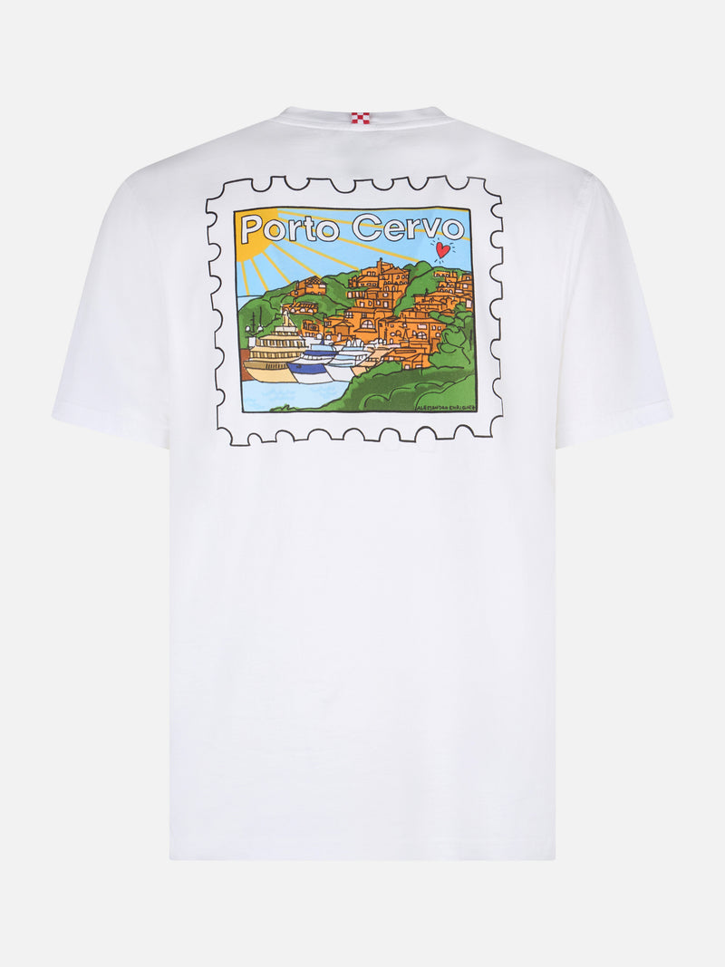 Man cotton t-shirt with Porto Cervo postcard front and back print | ALESSANDRO ENRIQUEZ SPECIAL EDITION