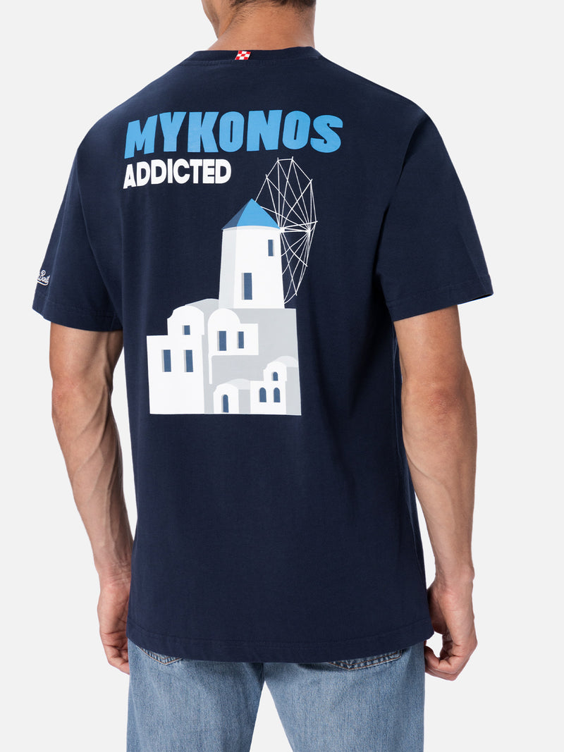 Man cotton t-shirt with Mykonos Addicted postcard placed print