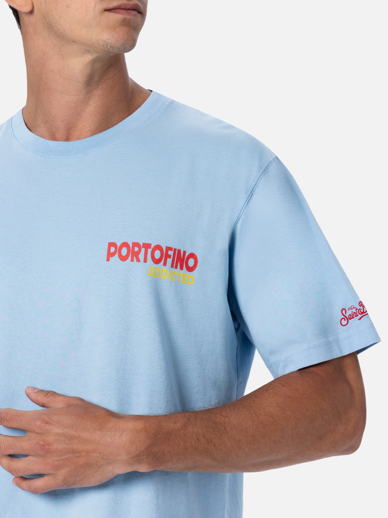 Man cotton t-shirt with Portofino Addicted postcard placed print