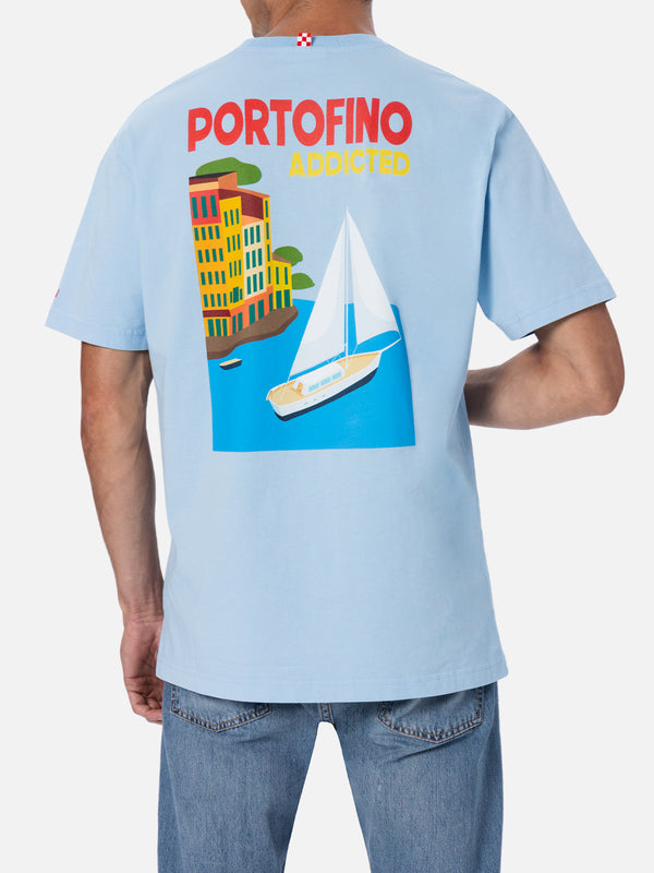 Man cotton t-shirt with Portofino Addicted postcard placed print