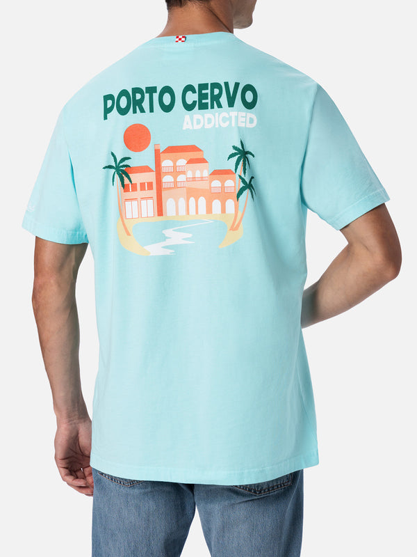 Man cotton t-shirt with Porto Cervo Addicted postcard placed print