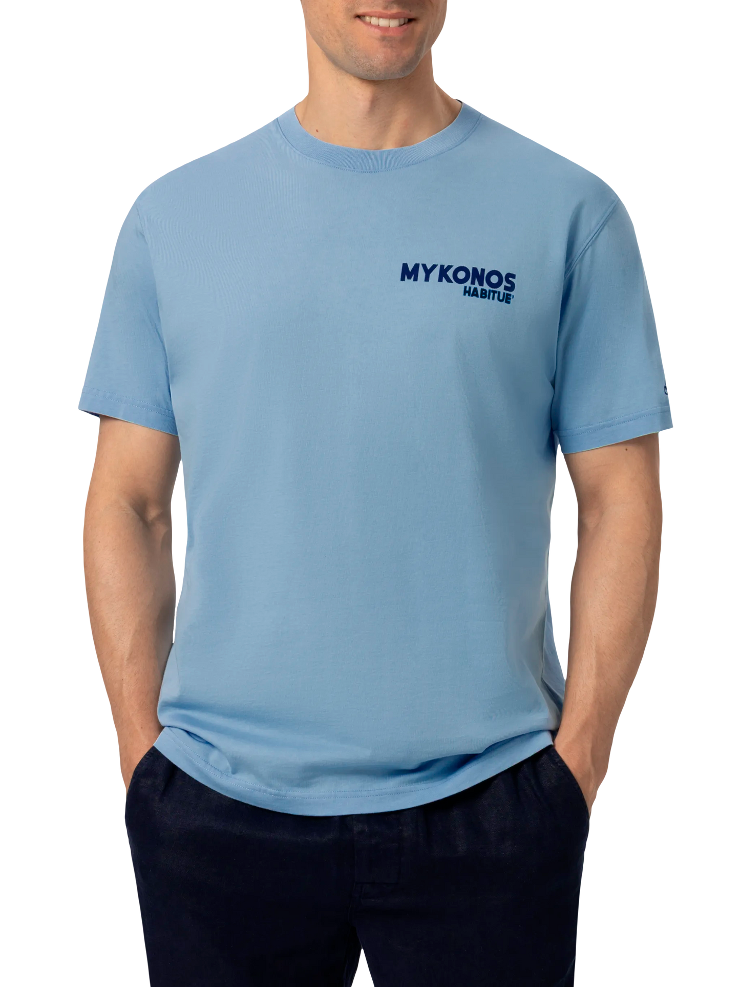 T-shirt Man in cotone con stampa cartolina Mykonos